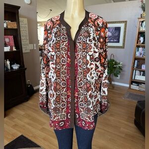 New York & Co brown, red, orange & white long sleeve blouse-size XL